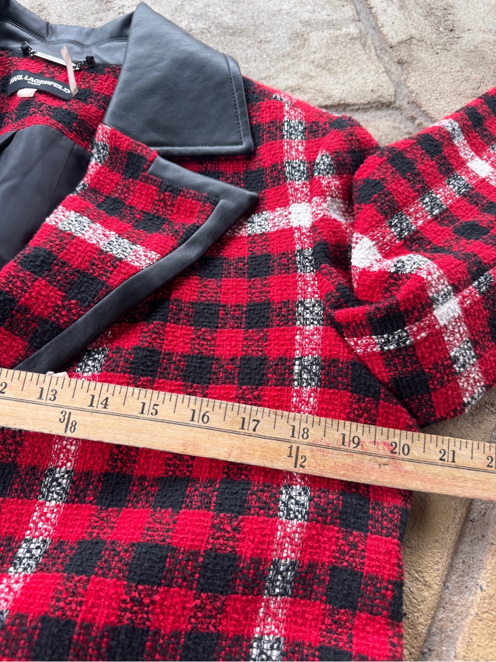 Karl Lagerfeld Paris Plaid Faux Leather Trim Long Blazer Jacket Size 10 - Picture 16 of 16